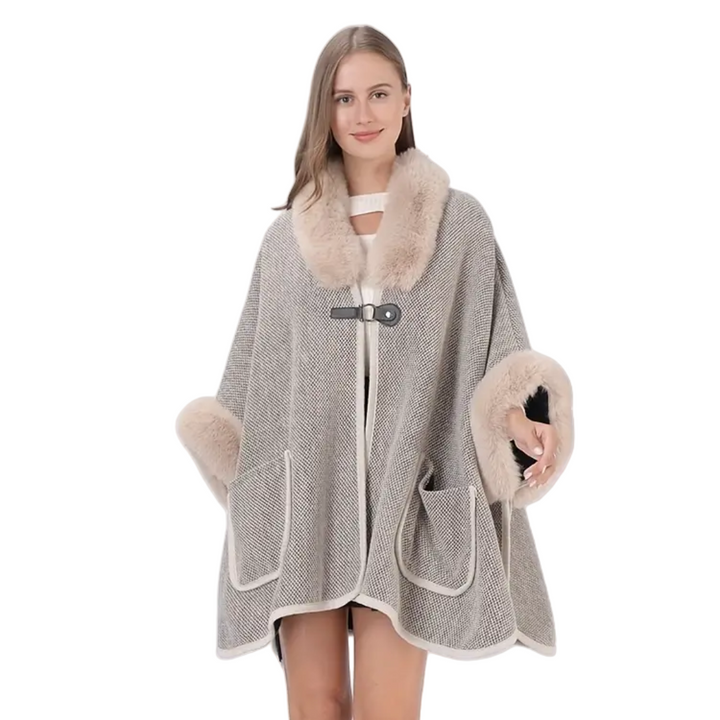 Faux Fur Collar Shawl - Light Grey