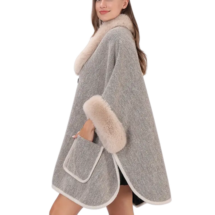 Faux Fur Collar Shawl - Light Grey