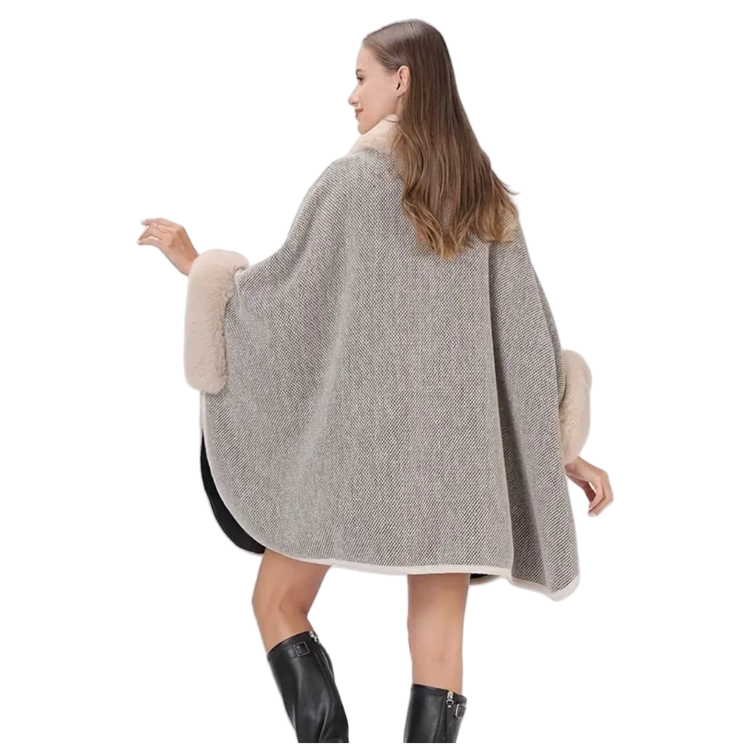 Faux Fur Collar Shawl - Light Grey